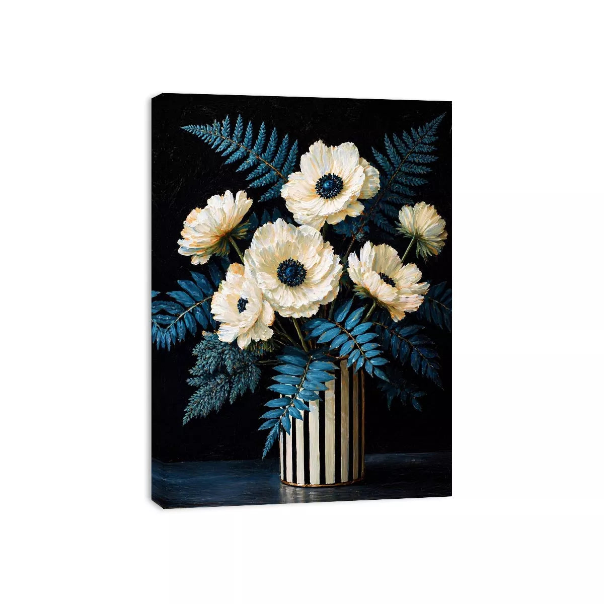 Dark floral still life with white flowers in vase and blue foliage on black background elegant painting