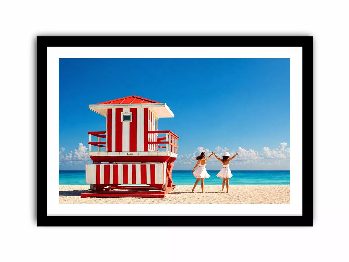 Minimal coastal beach scene with red lifeguard hut blue ocean and two women walking aesthetic Canvas Print