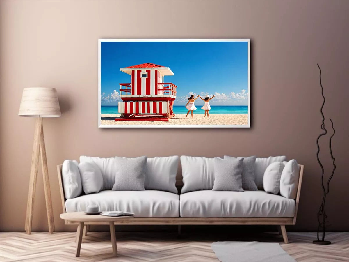 Minimal coastal beach scene with red lifeguard hut blue ocean and two women walking aesthetic Canvas Print