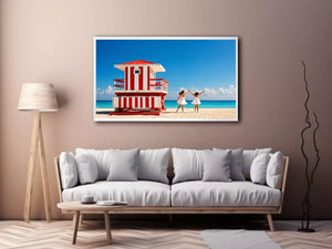Minimal coastal beach scene with red lifeguard hut blue ocean and two women walking aesthetic Canvas Print