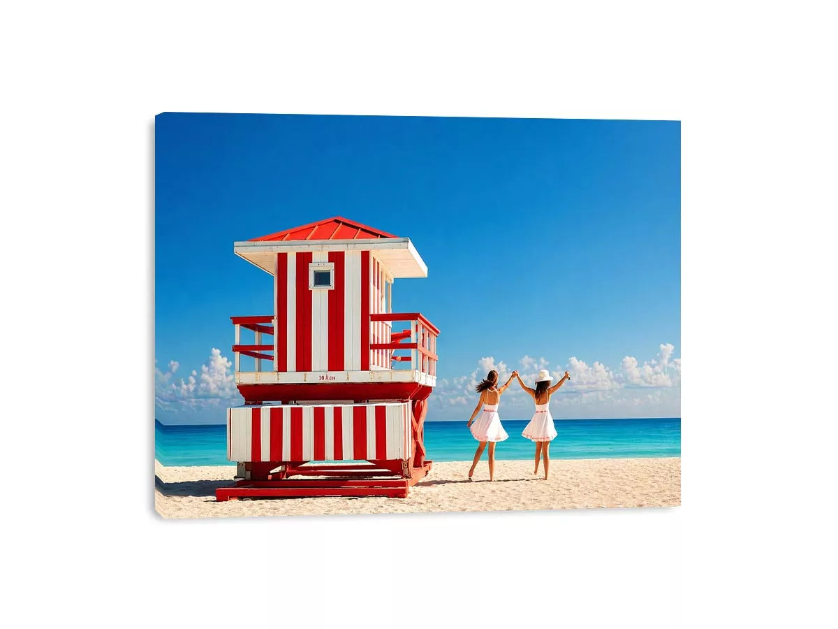 Minimal coastal beach scene with red lifeguard hut blue ocean and two women walking aesthetic Canvas Print