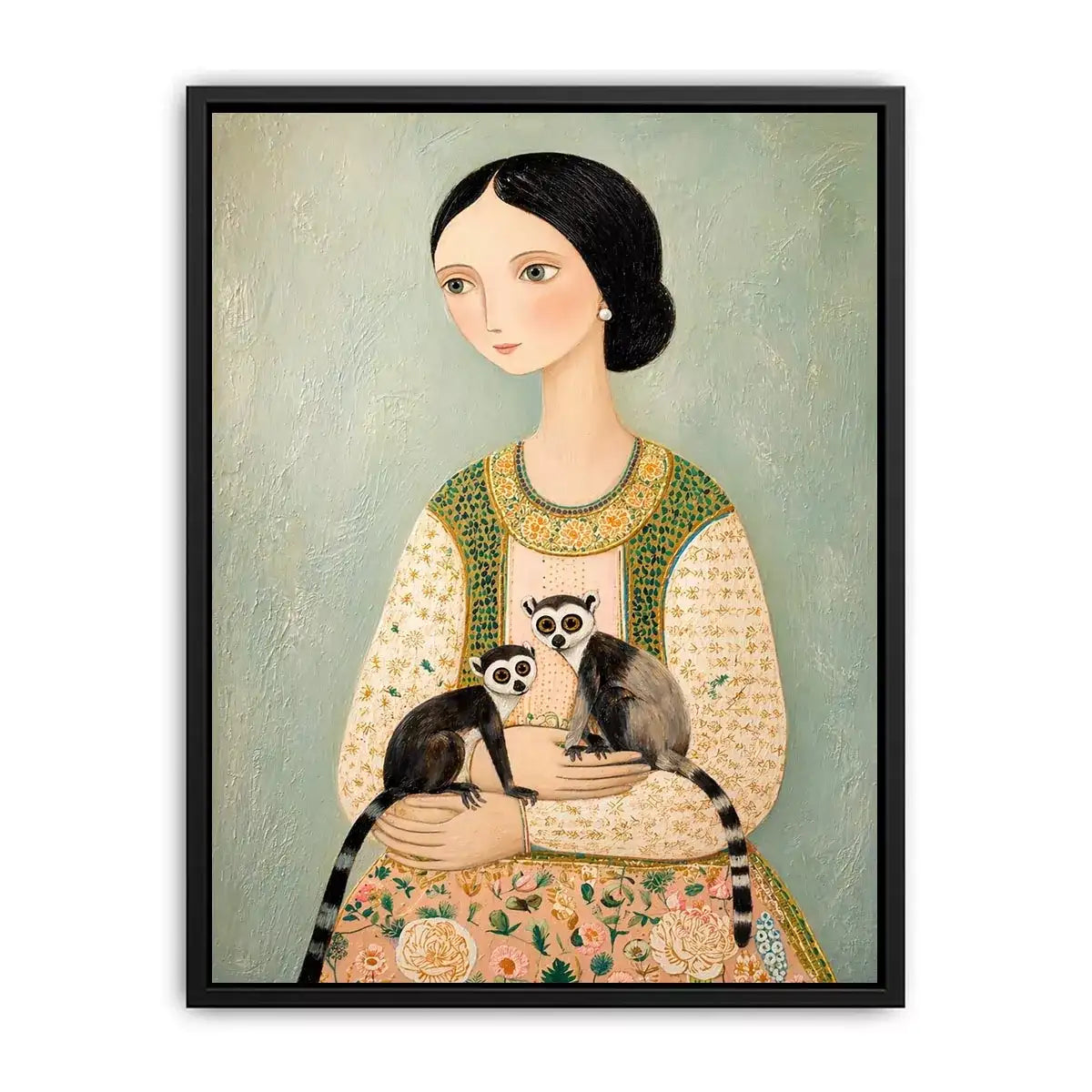 Whimsical portrait of woman holding two lemurs in soft pastel tones artistic illustration Canvas Print