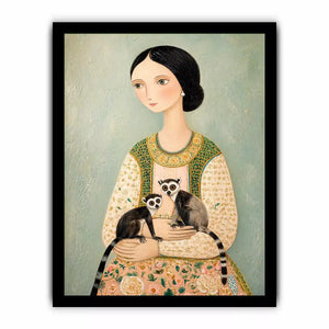 Whimsical portrait of woman holding two lemurs in soft pastel tones artistic illustration Canvas Print