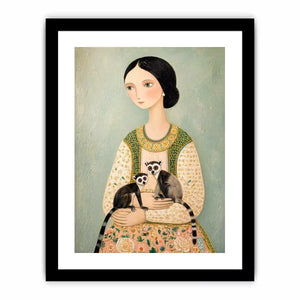 Whimsical portrait of woman holding two lemurs in soft pastel tones artistic illustration Canvas Print