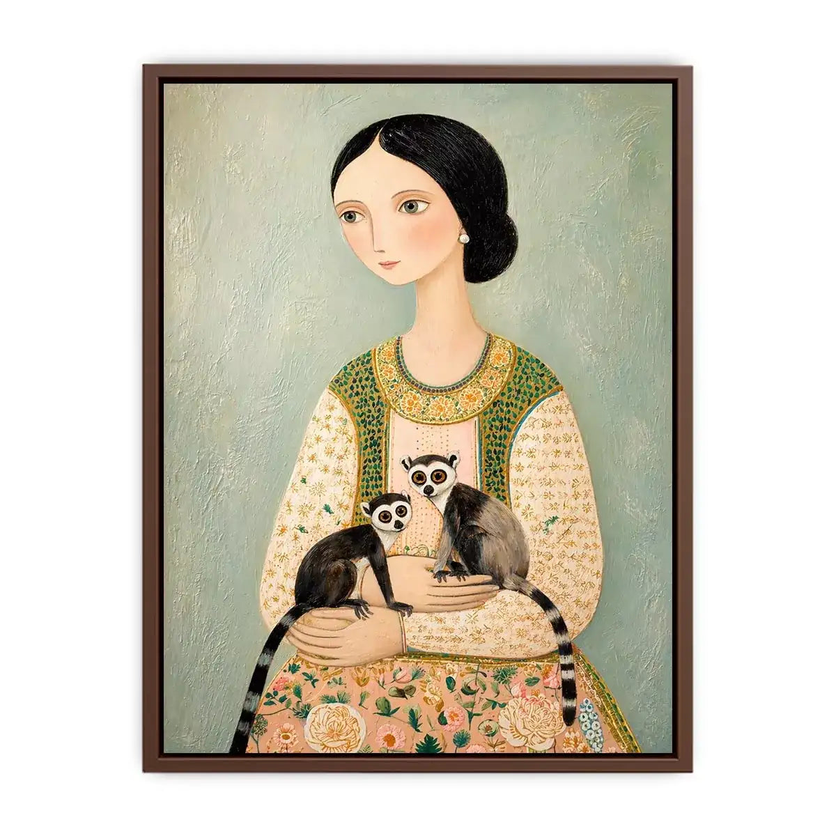 Whimsical portrait of woman holding two lemurs in soft pastel tones artistic illustration Canvas Print