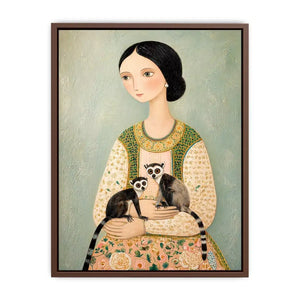 Whimsical portrait of woman holding two lemurs in soft pastel tones artistic illustration Canvas Print