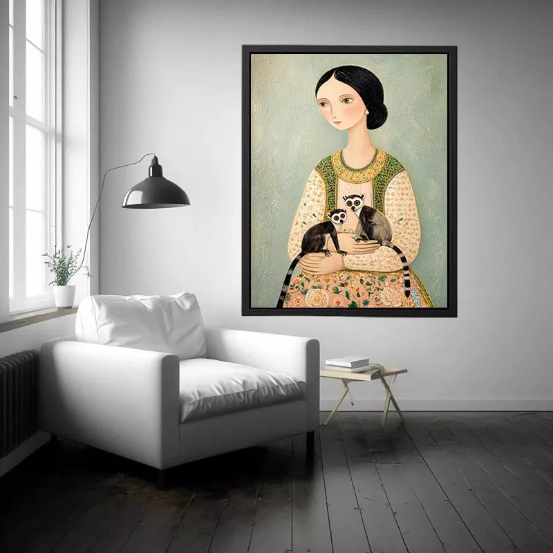 Whimsical portrait of woman holding two lemurs in soft pastel tones artistic illustration Canvas Print