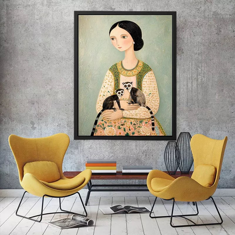 Whimsical portrait of woman holding two lemurs in soft pastel tones artistic illustration Canvas Print
