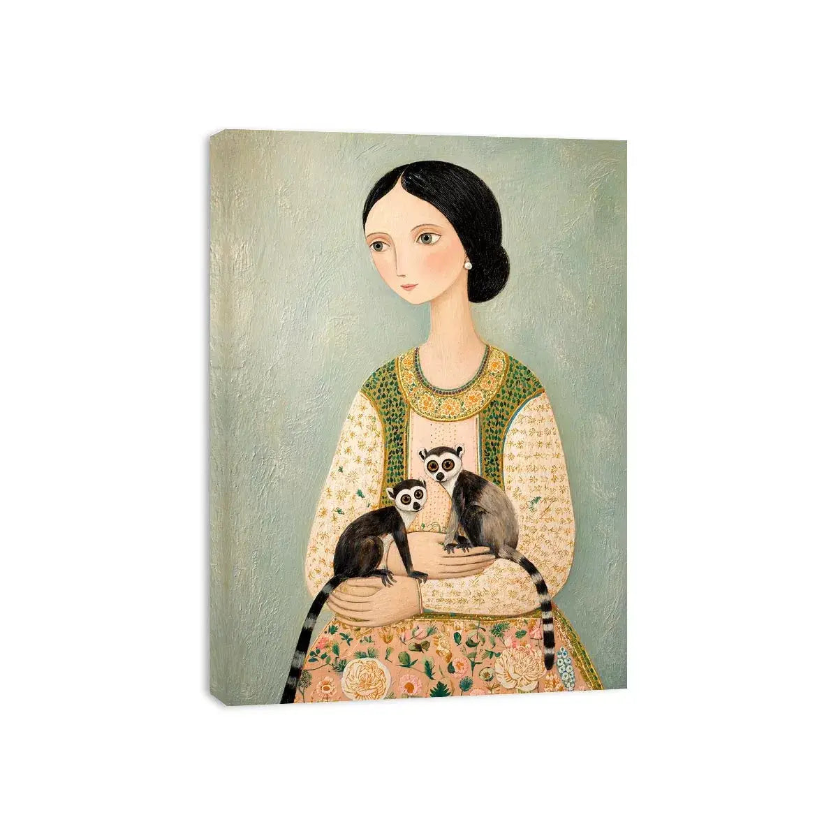 Whimsical portrait of woman holding two lemurs in soft pastel tones artistic illustration Canvas Print