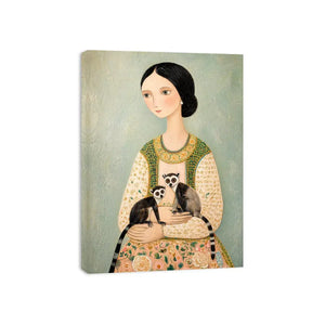 Whimsical portrait of woman holding two lemurs in soft pastel tones artistic illustration Canvas Print