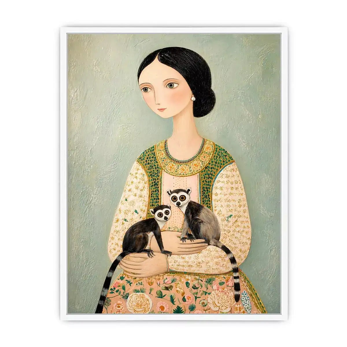 Whimsical portrait of woman holding two lemurs in soft pastel tones artistic illustration Canvas Print