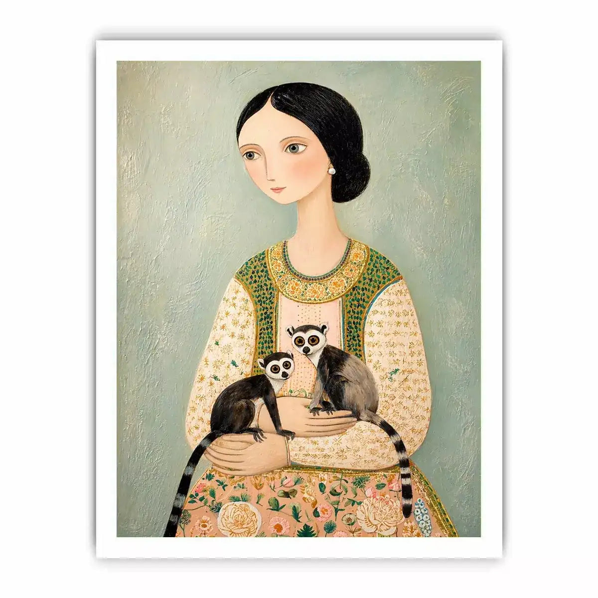 Whimsical portrait of woman holding two lemurs in soft pastel tones artistic illustration Canvas Print