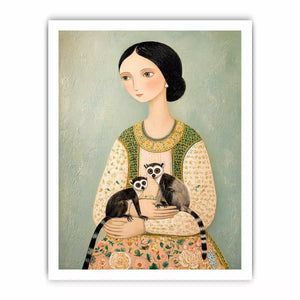 Whimsical portrait of woman holding two lemurs in soft pastel tones artistic illustration Canvas Print