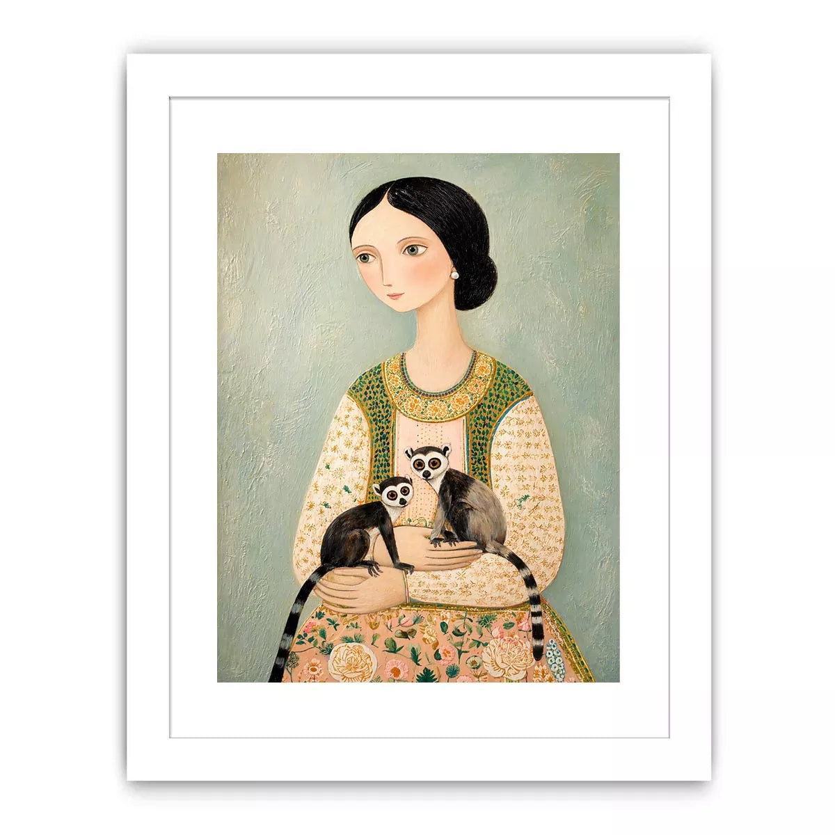 Whimsical portrait of woman holding two lemurs in soft pastel tones artistic illustration Canvas Print