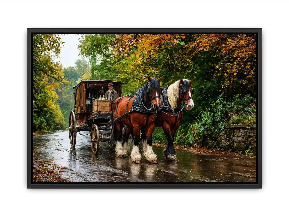 Impressionist countryside horse carriage on autumn road rustic landscape Canvas Print