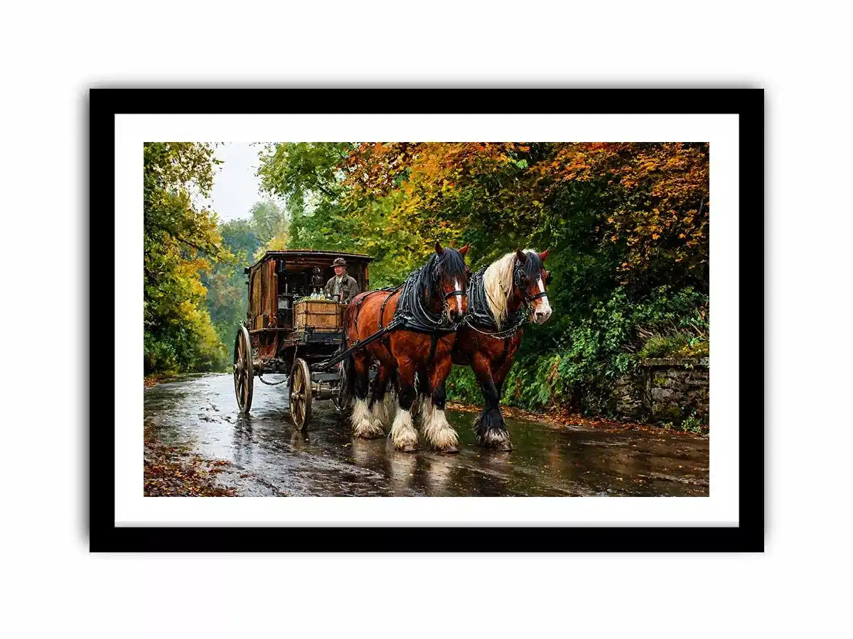 Impressionist countryside horse carriage on autumn road rustic landscape Canvas Print