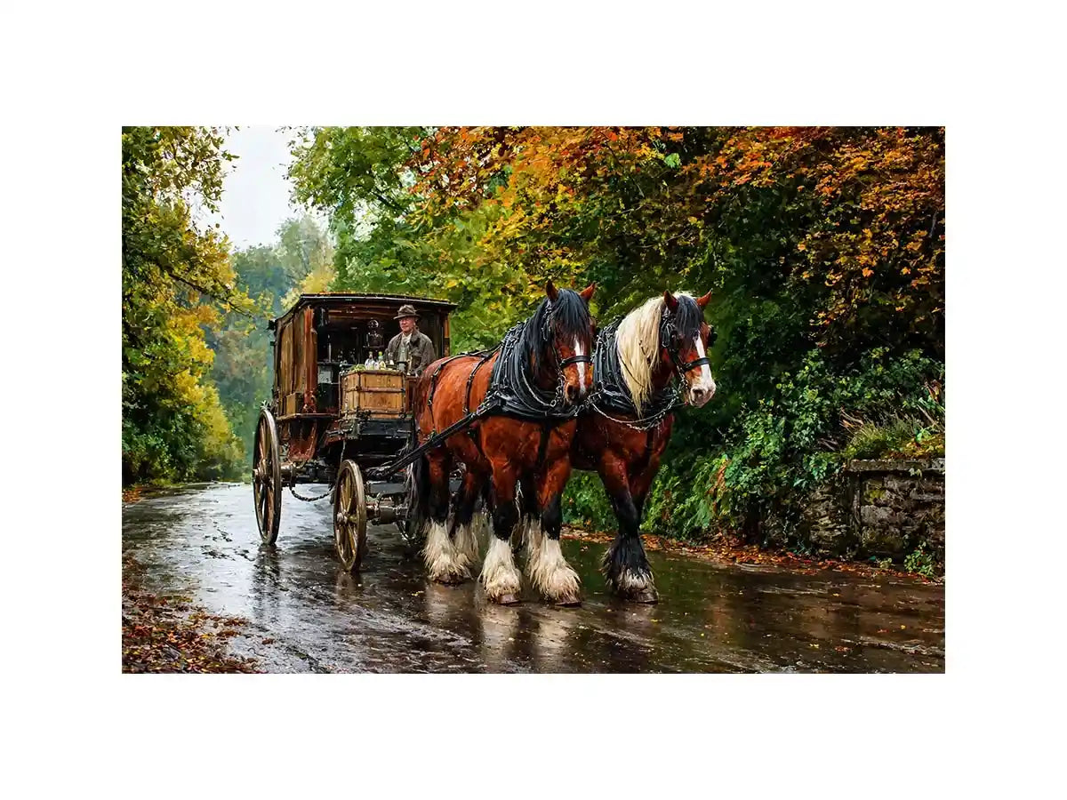 Impressionist countryside horse carriage on autumn road rustic landscape Canvas Print