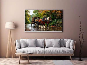 Impressionist countryside horse carriage on autumn road rustic landscape Canvas Print