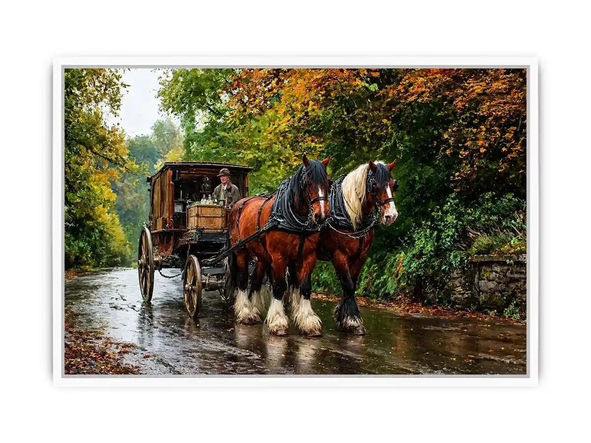 Impressionist countryside horse carriage on autumn road rustic landscape Canvas Print