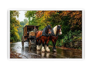 Impressionist countryside horse carriage on autumn road rustic landscape Canvas Print
