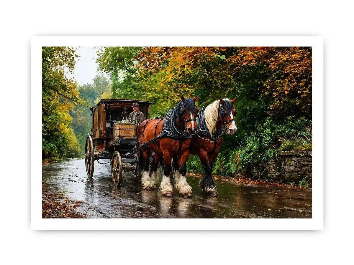Impressionist countryside horse carriage on autumn road rustic landscape Canvas Print