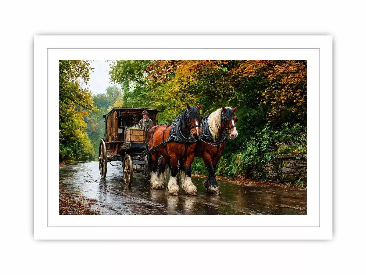 Impressionist countryside horse carriage on autumn road rustic landscape Canvas Print