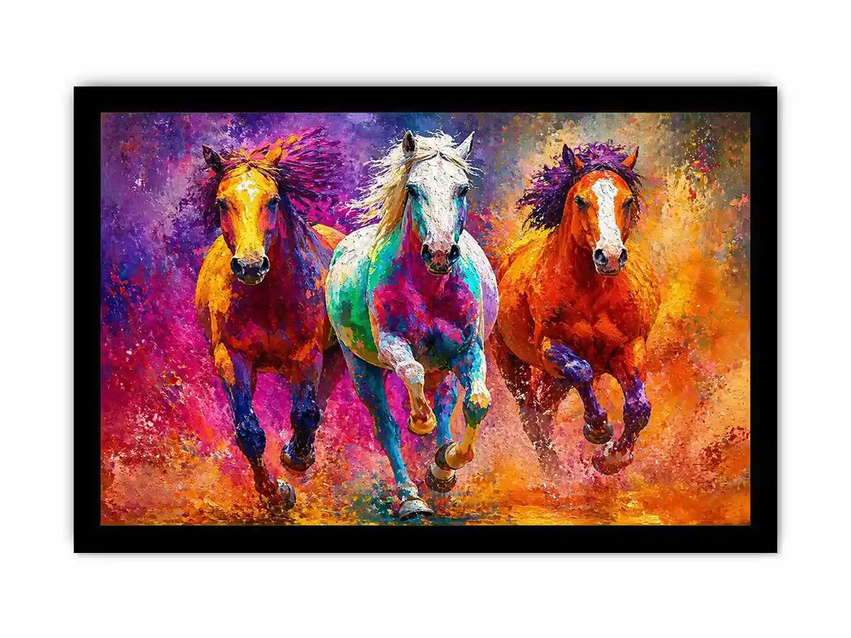 abstract colorful horses running painting, vibrant horse trio Canvas Print, modern abstract horse Canvas Print, colorful animal painting