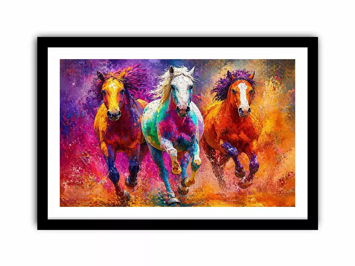 abstract colorful horses running painting, vibrant horse trio Canvas Print, modern abstract horse Canvas Print, colorful animal painting