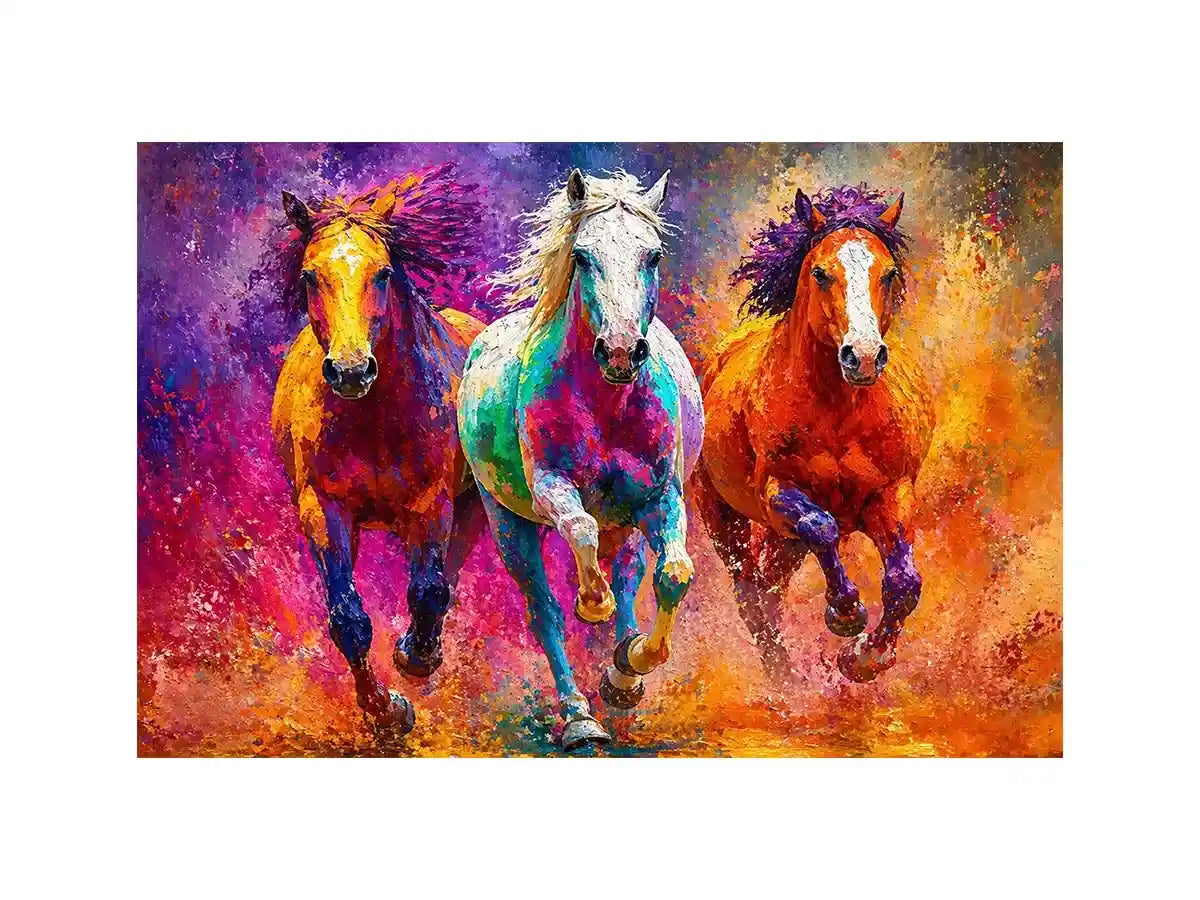 abstract colorful horses running painting, vibrant horse trio Canvas Print, modern abstract horse Canvas Print, colorful animal painting