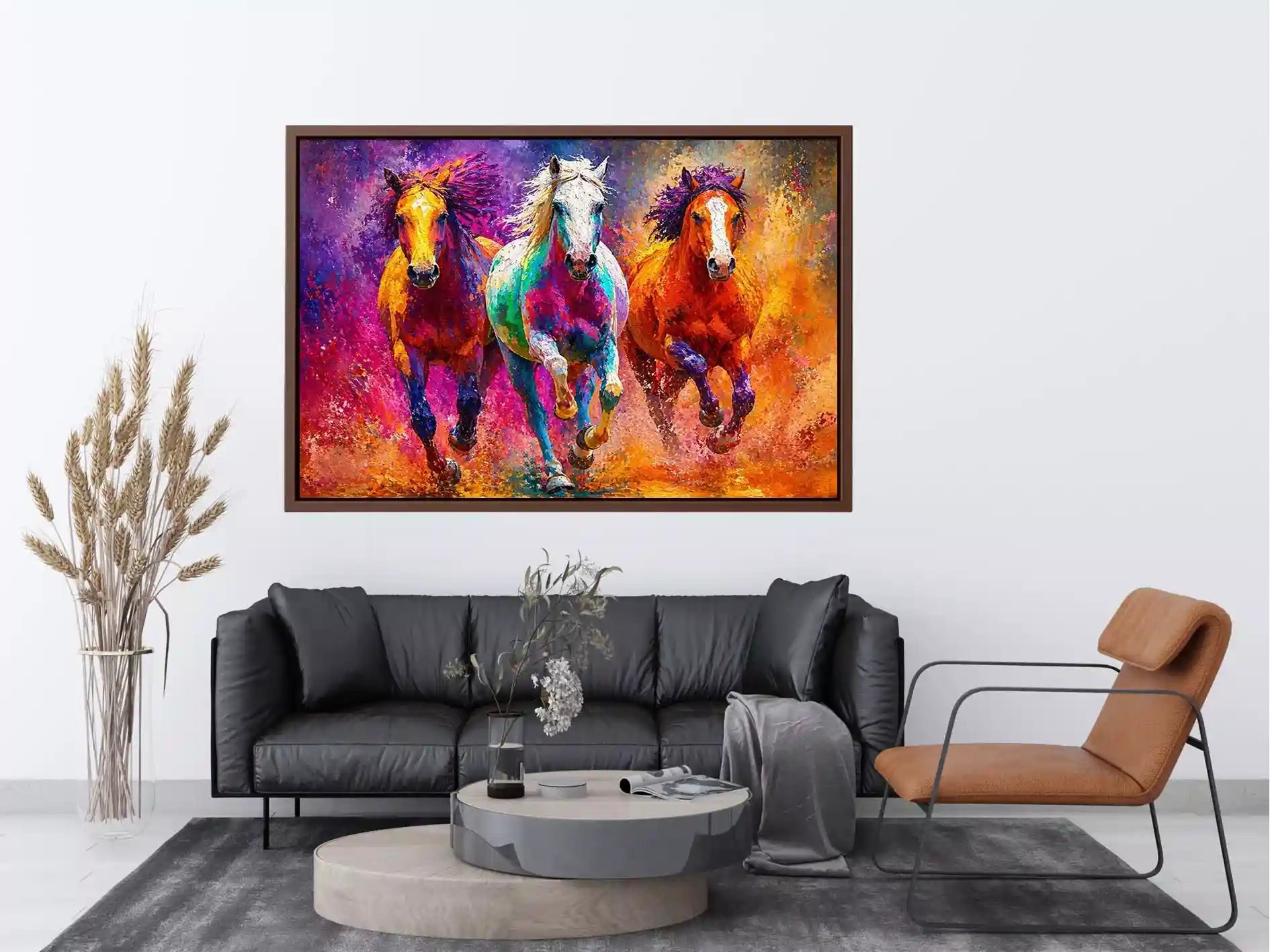 abstract colorful horses running painting, vibrant horse trio Canvas Print, modern abstract horse Canvas Print, colorful animal painting