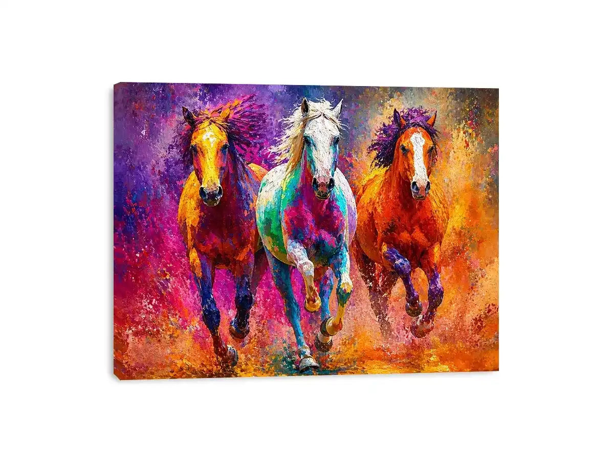 abstract colorful horses running painting, vibrant horse trio Canvas Print, modern abstract horse Canvas Print, colorful animal painting