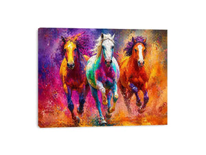 abstract colorful horses running painting, vibrant horse trio Canvas Print, modern abstract horse Canvas Print, colorful animal painting