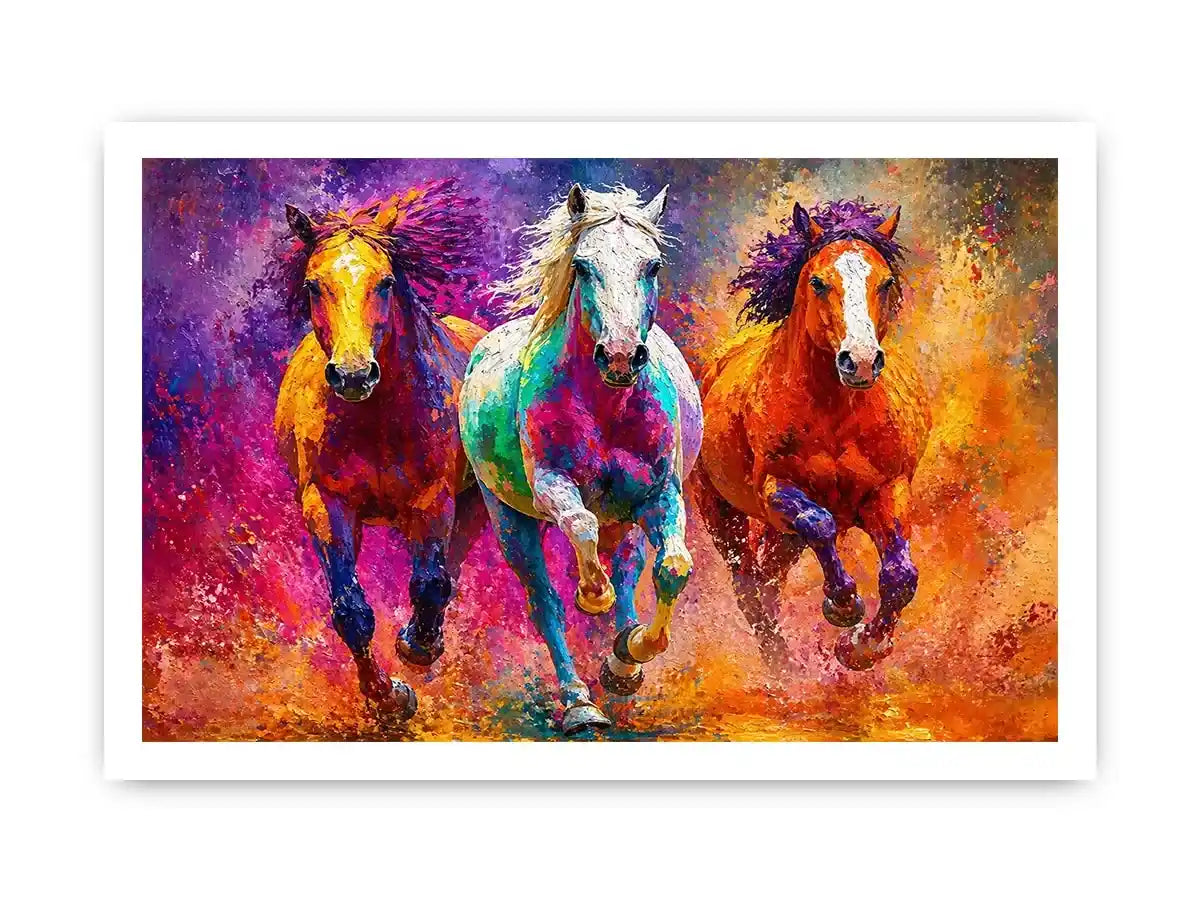 abstract colorful horses running painting, vibrant horse trio Canvas Print, modern abstract horse Canvas Print, colorful animal painting