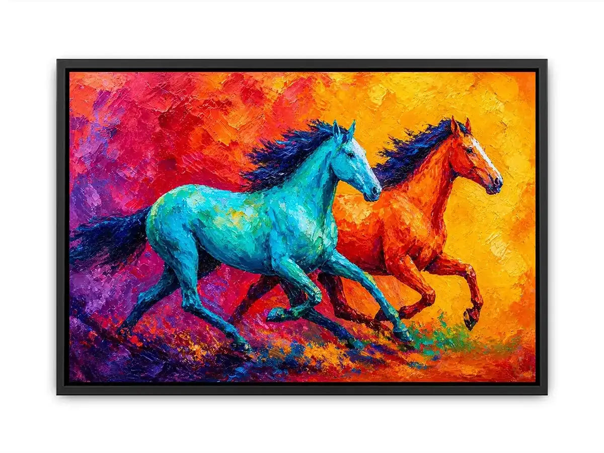 abstract running horses painting, colorful horse duo Canvas Print, vibrant modern horse Canvas Print, bold animal artwork
