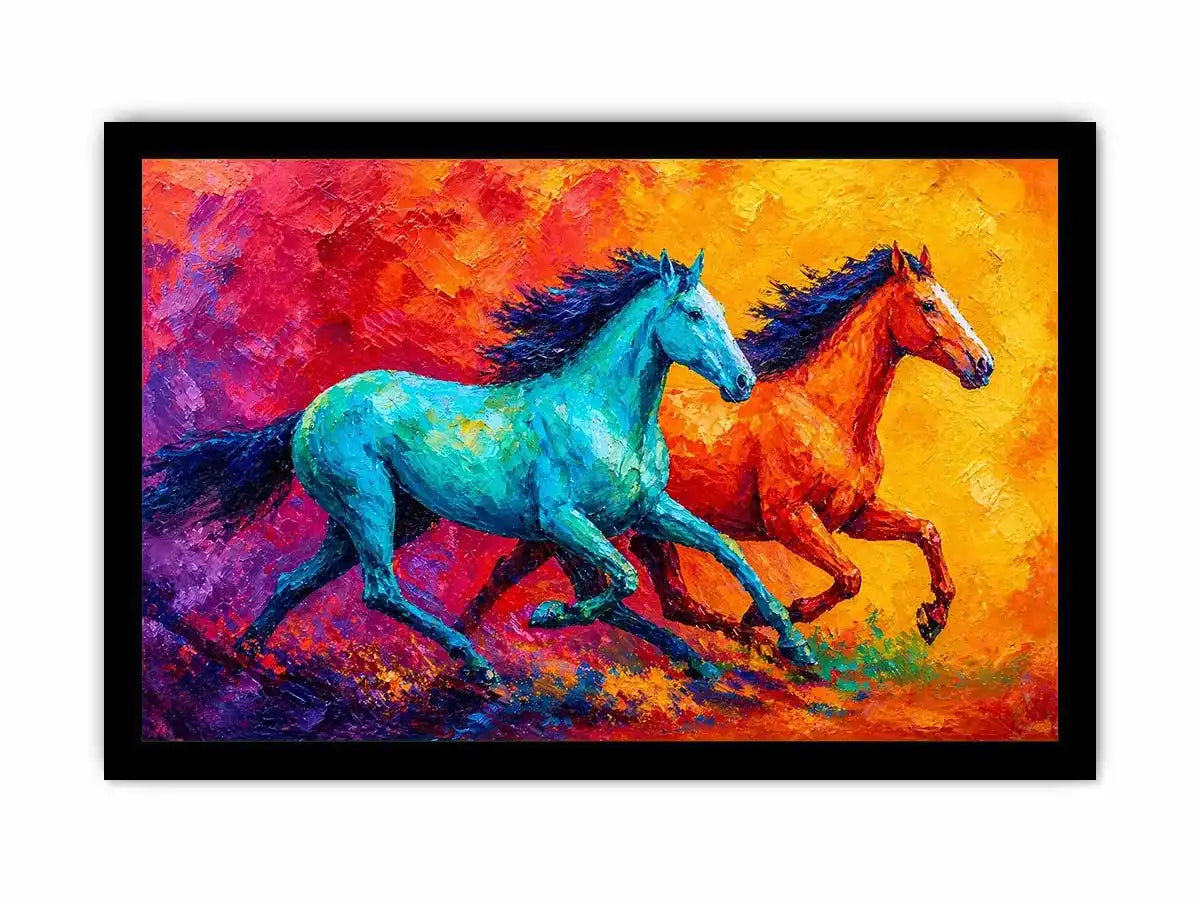 abstract running horses painting, colorful horse duo Canvas Print, vibrant modern horse Canvas Print, bold animal artwork