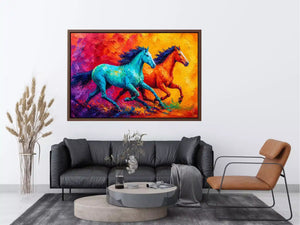 abstract running horses painting, colorful horse duo Canvas Print, vibrant modern horse Canvas Print, bold animal artwork