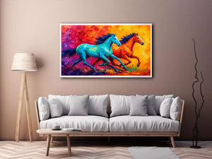 abstract running horses painting, colorful horse duo Canvas Print, vibrant modern horse Canvas Print, bold animal artwork