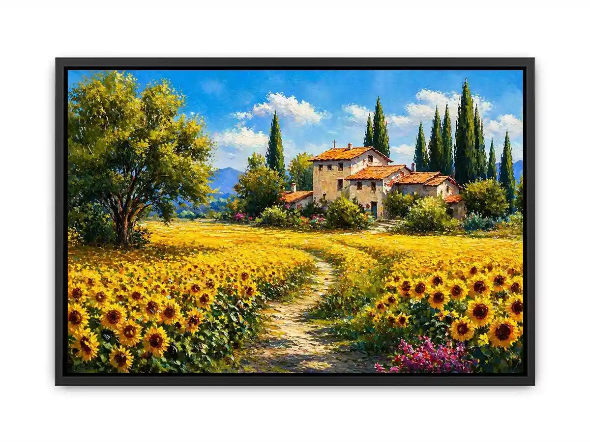 sunflower field villa painting, tuscan landscape Canvas Print, mediterranean countryside canvas, yellow flower field artwork