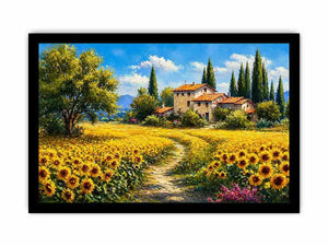 sunflower field villa painting, tuscan landscape Canvas Print, mediterranean countryside canvas, yellow flower field artwork