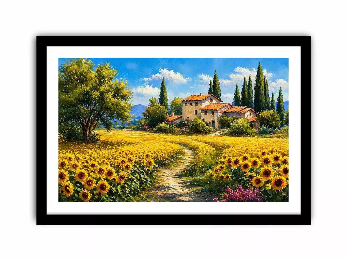 sunflower field villa painting, tuscan landscape Canvas Print, mediterranean countryside canvas, yellow flower field artwork