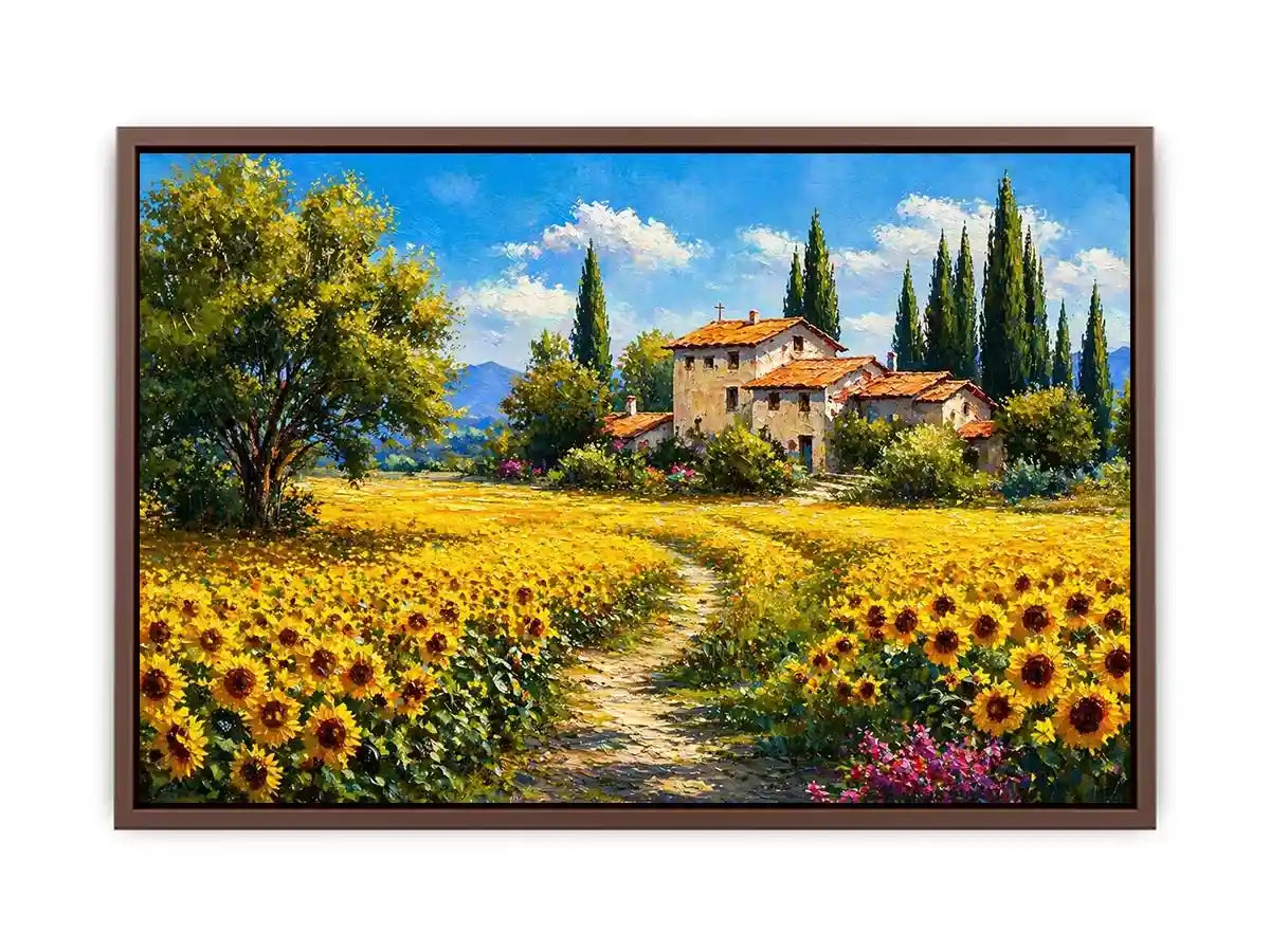 sunflower field villa painting, tuscan landscape Canvas Print, mediterranean countryside canvas, yellow flower field artwork