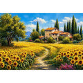 sunflower field villa painting, tuscan landscape Canvas Print, mediterranean countryside canvas, yellow flower field artwork
