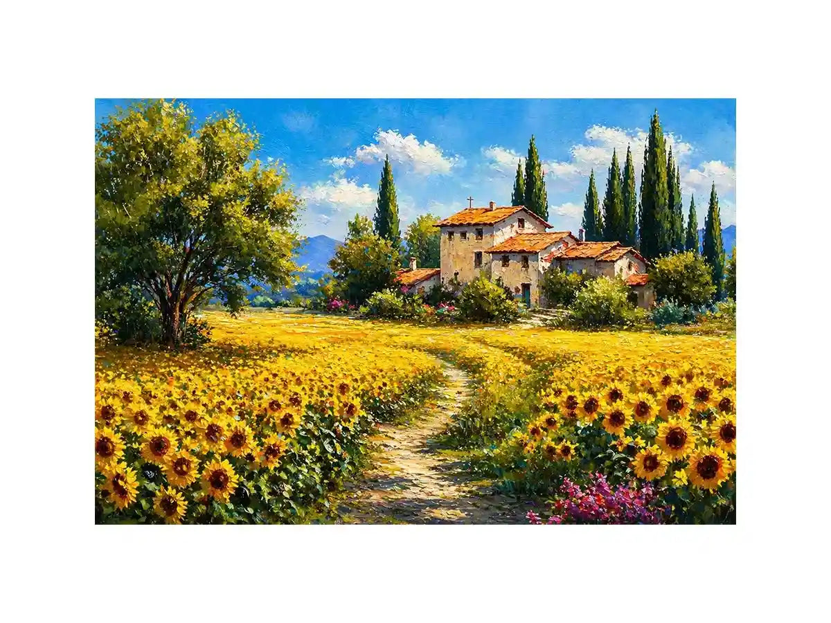 sunflower field villa painting, tuscan landscape Canvas Print, mediterranean countryside canvas, yellow flower field artwork