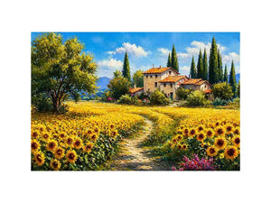 sunflower field villa painting, tuscan landscape Canvas Print, mediterranean countryside canvas, yellow flower field artwork