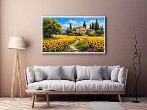 sunflower field villa painting, tuscan landscape Canvas Print, mediterranean countryside canvas, yellow flower field artwork