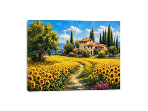 sunflower field villa painting, tuscan landscape Canvas Print, mediterranean countryside canvas, yellow flower field artwork