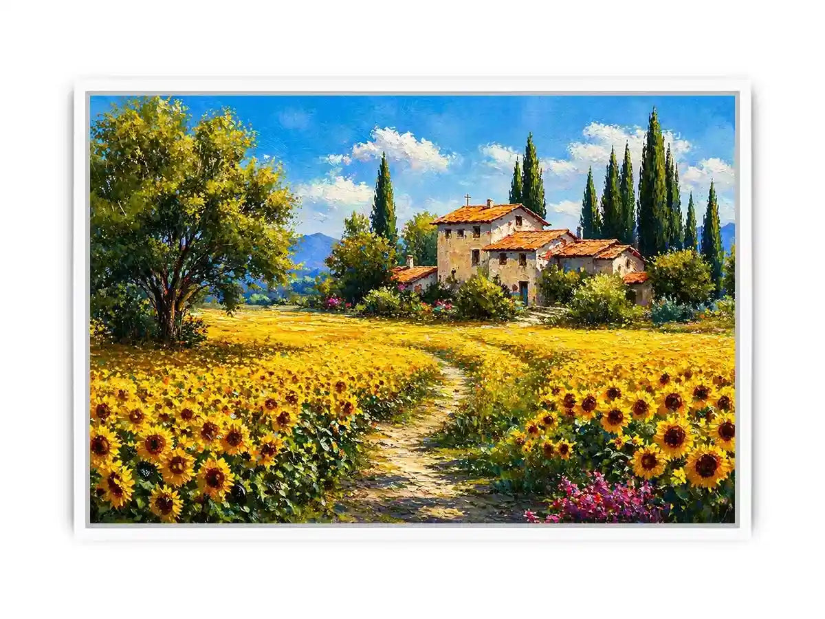sunflower field villa painting, tuscan landscape Canvas Print, mediterranean countryside canvas, yellow flower field artwork
