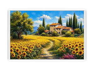 sunflower field villa painting, tuscan landscape Canvas Print, mediterranean countryside canvas, yellow flower field artwork