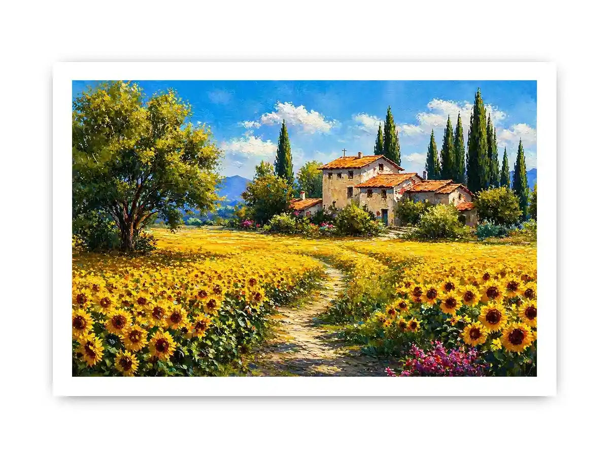 sunflower field villa painting, tuscan landscape Canvas Print, mediterranean countryside canvas, yellow flower field artwork