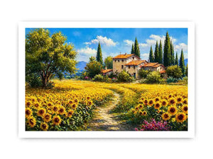 sunflower field villa painting, tuscan landscape Canvas Print, mediterranean countryside canvas, yellow flower field artwork